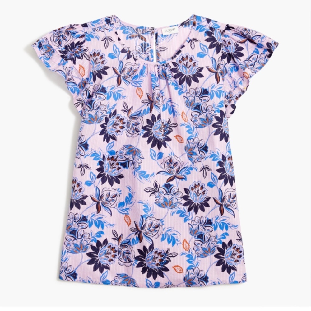 J. Crew Retro Floral Flutter Ruffle Sleeve Peasant Popover Woven Blouse Medium